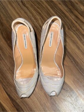 Emporio Armani Cream Croc-Embossed Peep-Toe Slingback Heels